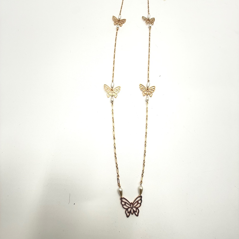 Gold Tone Long‎ Butterfly Station Necklace with Faux Pearl Accents 32 Inch